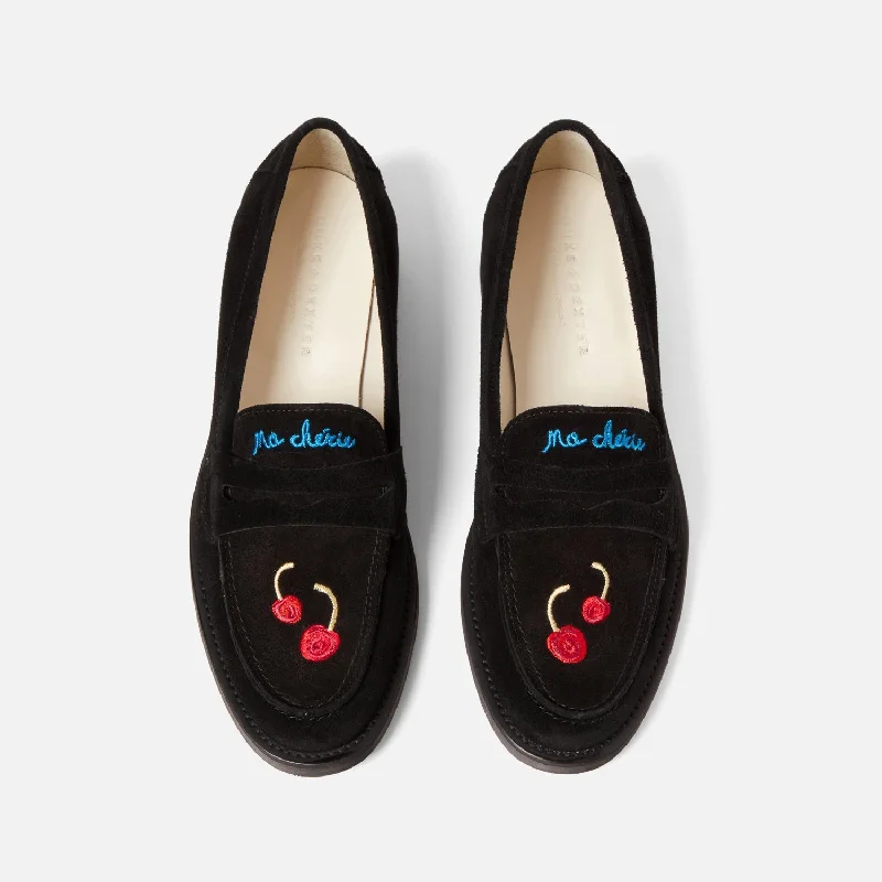 Wilde Black Suede Cherry Penny Loafer - Women's