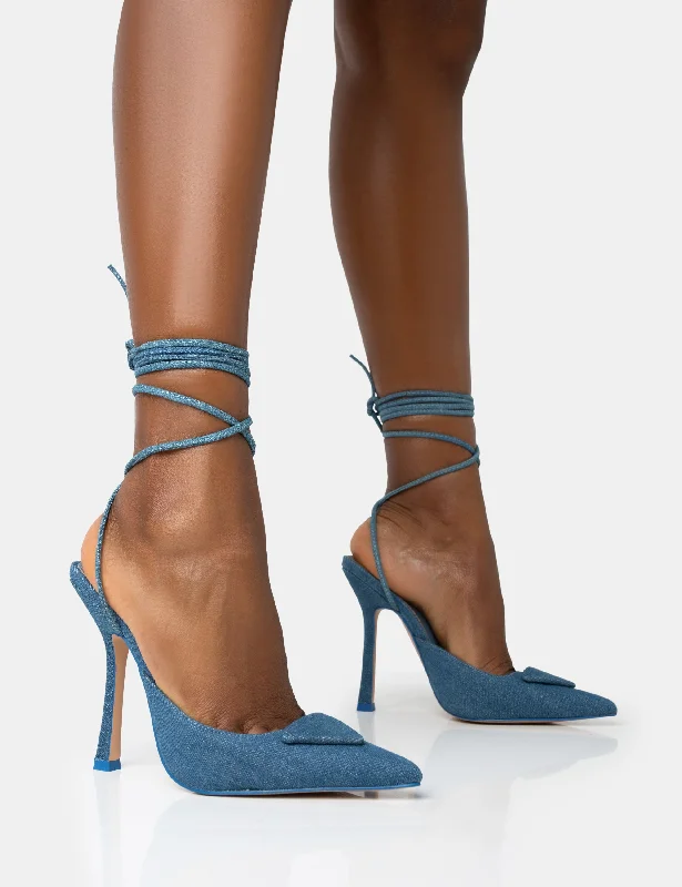 Vada Blue Denim Slingback Lace Up Pointed Court Stiletto Heels