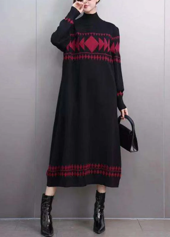 Organic Black Turtleneck Cozy Cotton Knit Long Sweater Dress Winter