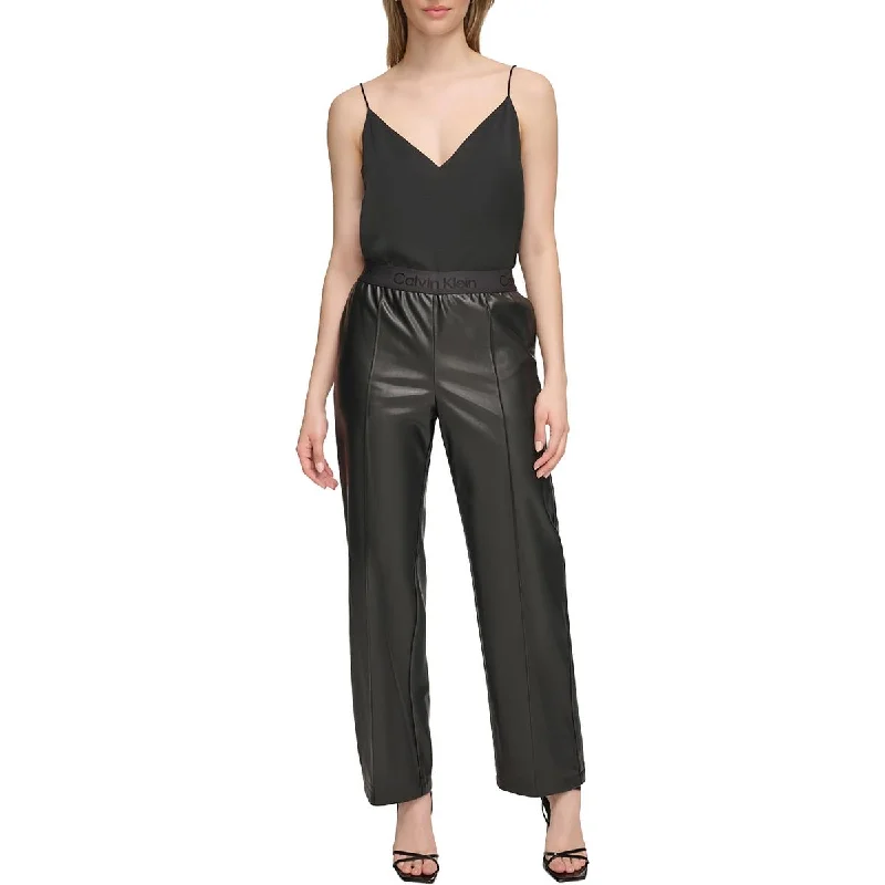 Womens Faux Leather Banded Waist Straight Leg Pants