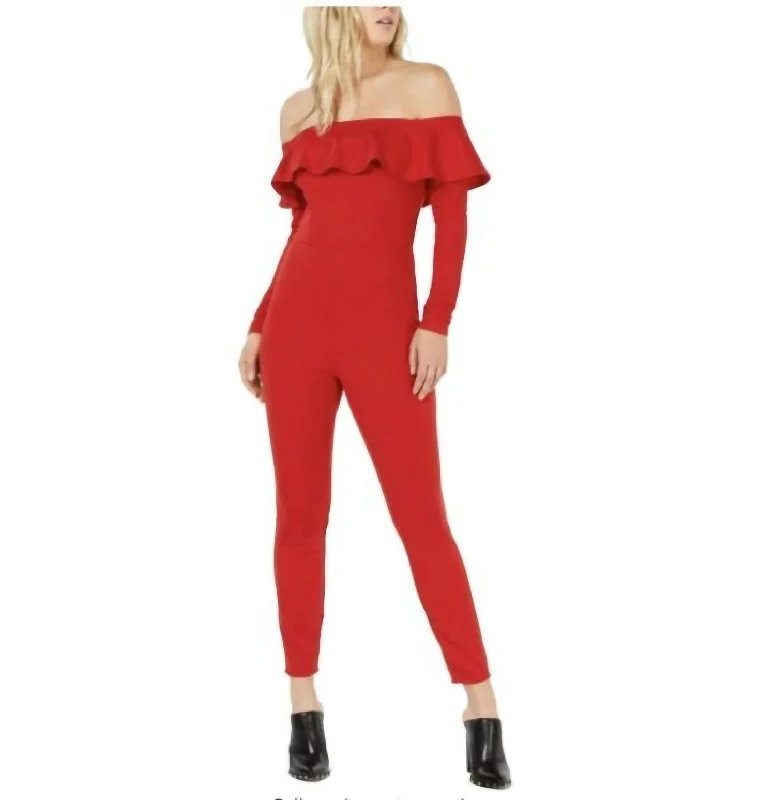 Off The Shoulder Ruffle Jumpsuit In Red