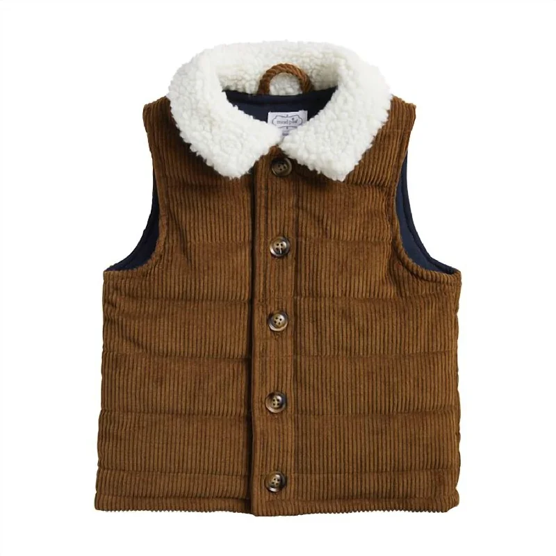 Boy's Sherpa Collar Corduroy Vest In Dark Tan