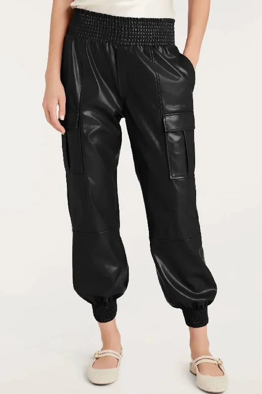 Faux Leather Cargo Jogger Pants In Black