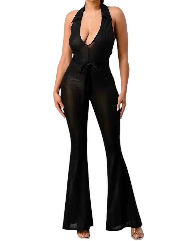 Lurex Rib Deep V-Line Disco Jumpsuit In Black