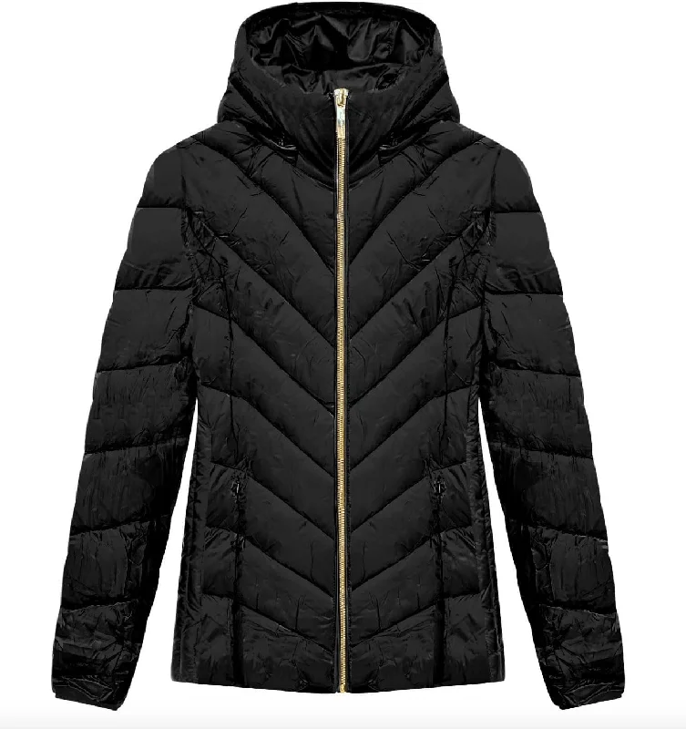 Michael Michael Kors Women's Black Chevron Quilted Short Packable Jacket Coat