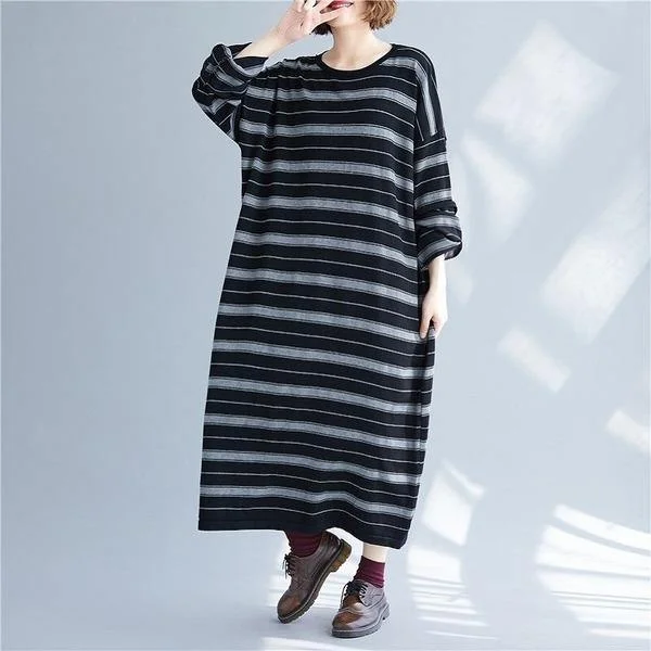 long sleeve knitted plus size vintage stripe women causal loose autumn winter Sweater dress