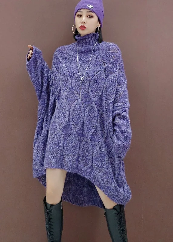 Plus Size Purple low high design Long Knit Dress Spring