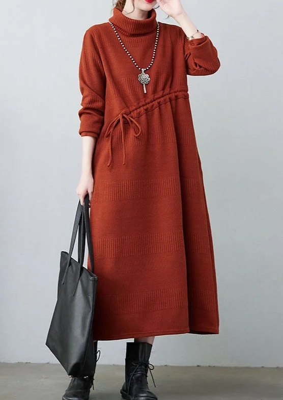 Caramel Drawstring Loose Knit Dresses Long Sleeve