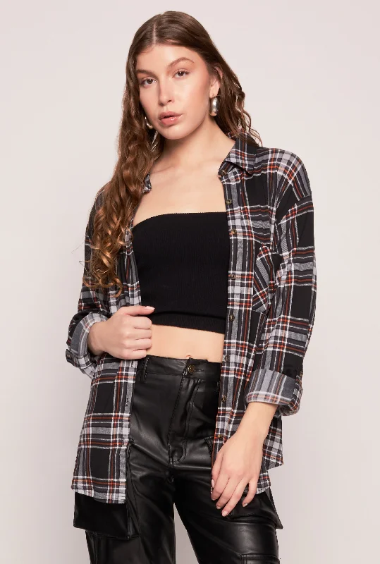 Plaid Button Front Tabbed Sleeve Shirt