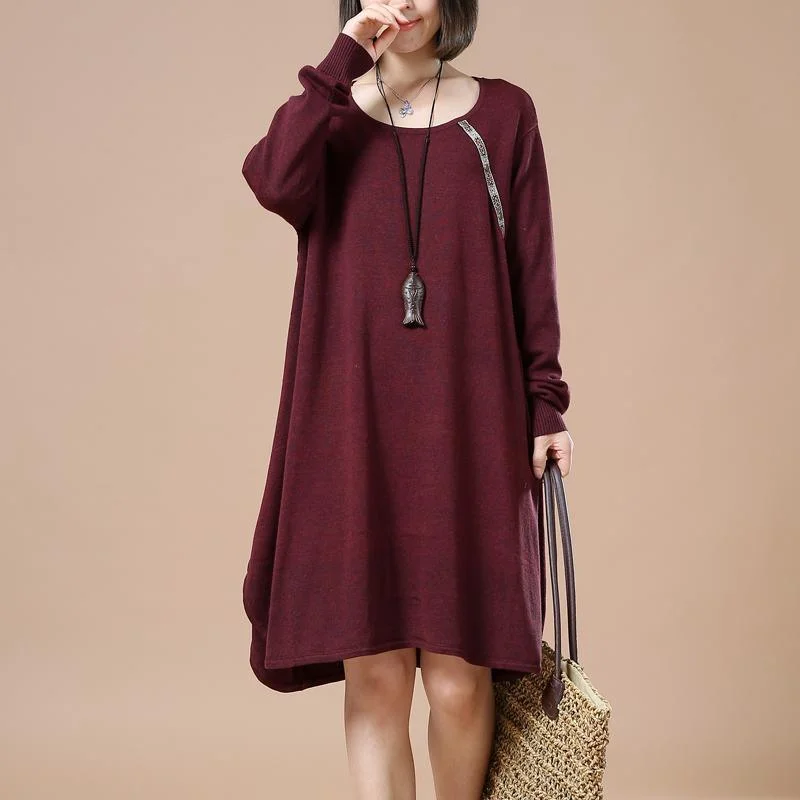 Burgundy cute baggy sweaters long knit dresses witner spring