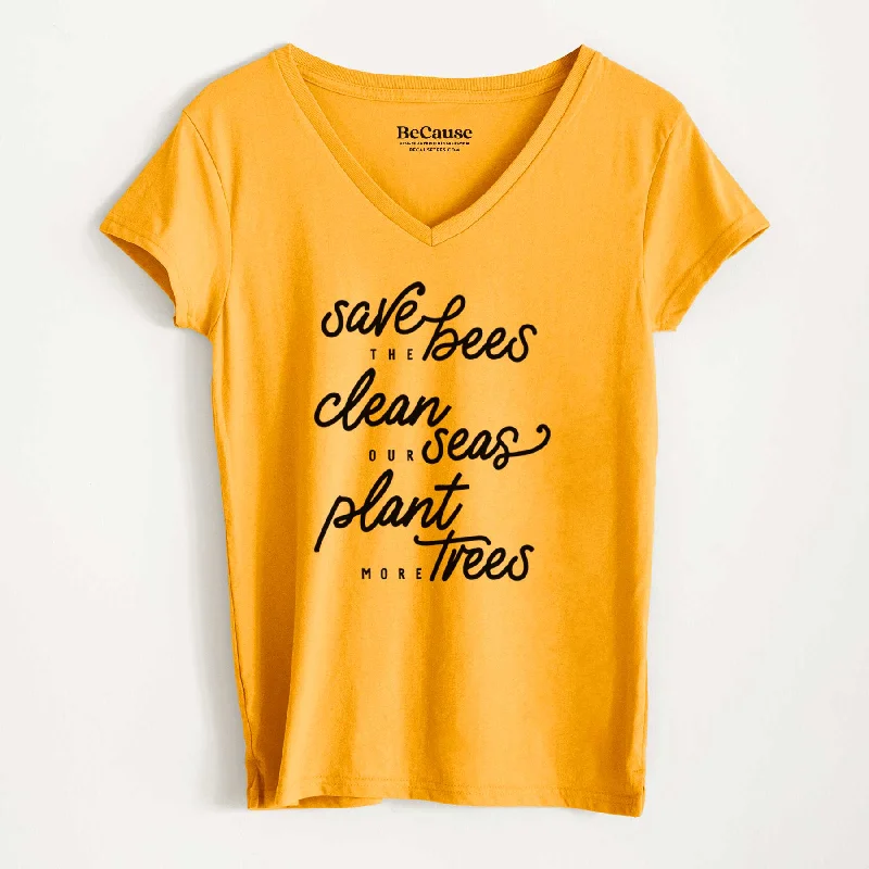 Bees Seas Trees - Typography - Women's 100% Recycled V-neck