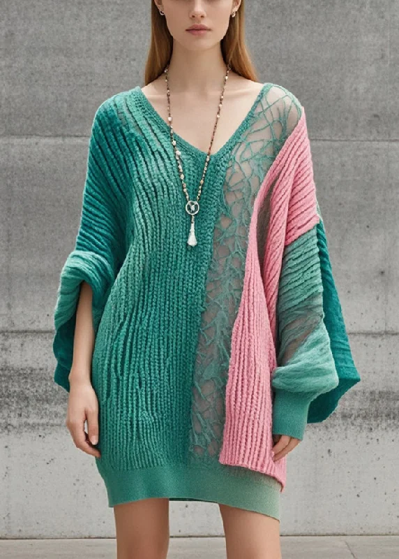 French Green Asymmetrical Patchwork Long Knit Dress Batwing Sleeve