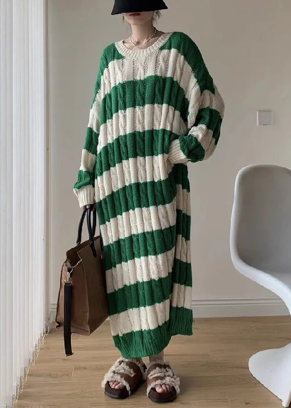 Green Cozy Cotton Cable Long Knit Dress O Neck Winter