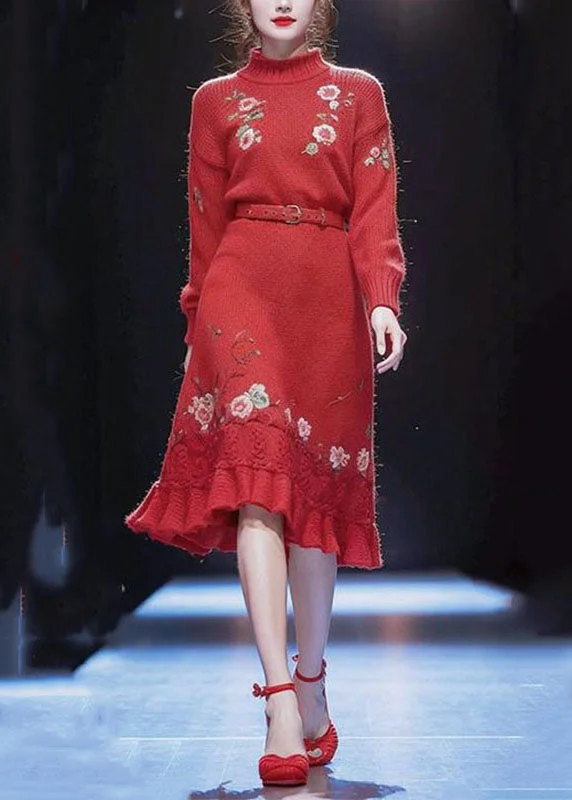 Vogue Red Turtleneck Floral Sashes Cotton Knit Long Sweater Dress Winter