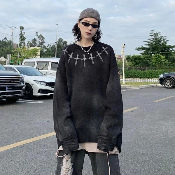 O-neck Collar Loose Long Sleeve Street Fashion Trendy