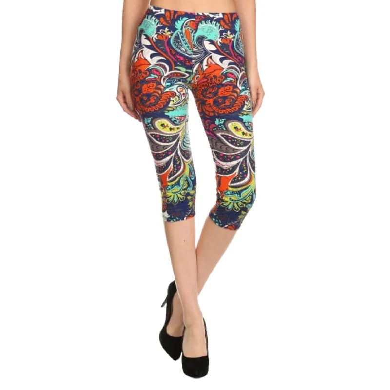 Multi-color Ornate Print Cropped Length Fitted Leggings With High Elastic Waist.