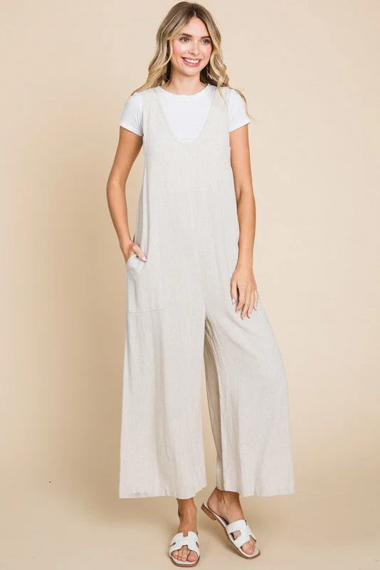 Solid Linen Sleeveless Jumpsuit