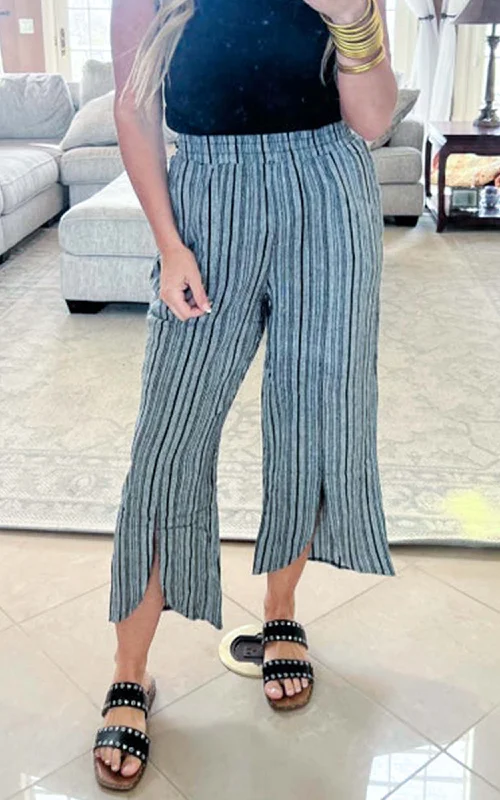 Black Striped Linen Wide Leg Cropped Capri