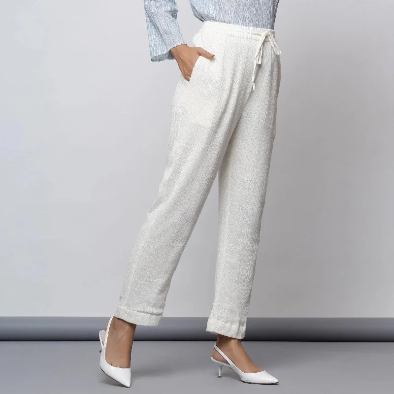 Off-White Crinkled Cotton Elasticated Mid-Rise Tapered Pant