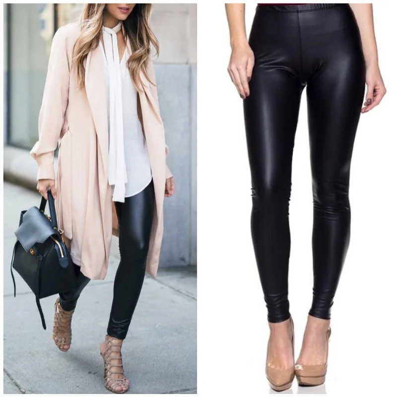 Black Matte Liquid Faux Leather Stretch Leggings Sexy Skinny Leg