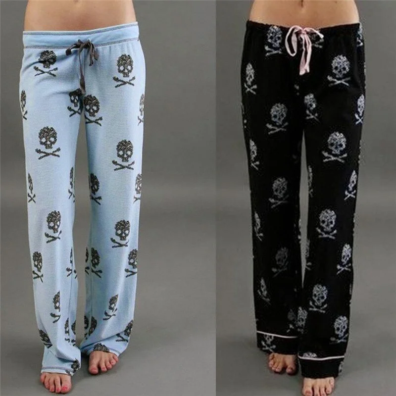 Women Lady Causal Daily High Waist  Skull Print Wide Calf Length Long Leg Pants Women's plus size Harajuku Pants #82015