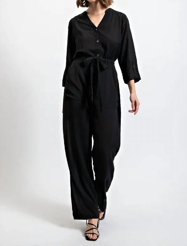 Roll Sleeve Waist Tie Jumpsuit In Black