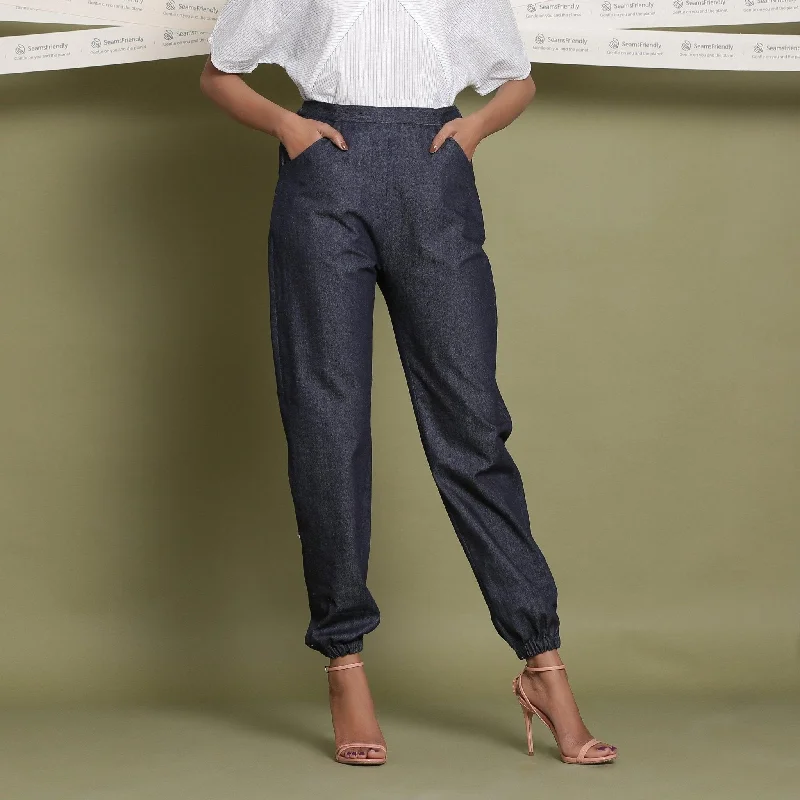 Indigo Cotton Denim Elasticated Mid-Rise Jogger Pant