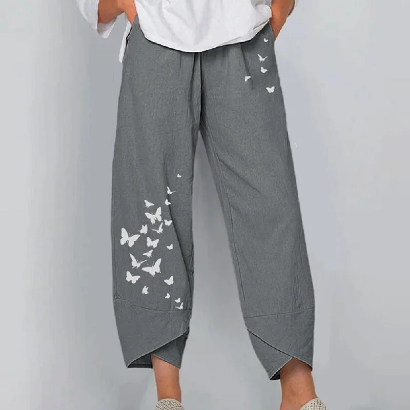 Gray European And  Casual Loose Cotton And Linen Butterfly Printed Wide-leg Pants Women Vertical Flower Pants