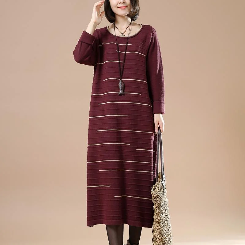 Burgundy long sweaters women knit dresses people coming and going