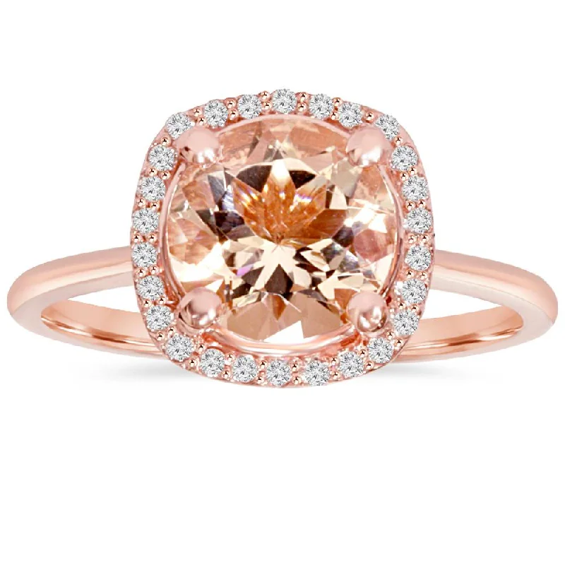 1 3/4 CT Morganite & Diamond Cushion Halo 14K Rose Gold Ring