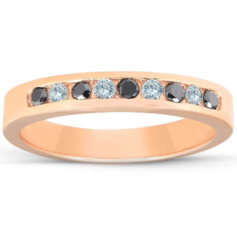 1/4ct Black & White Diamond Ring 14K Rose Gold Womens Wedding Stackable Band