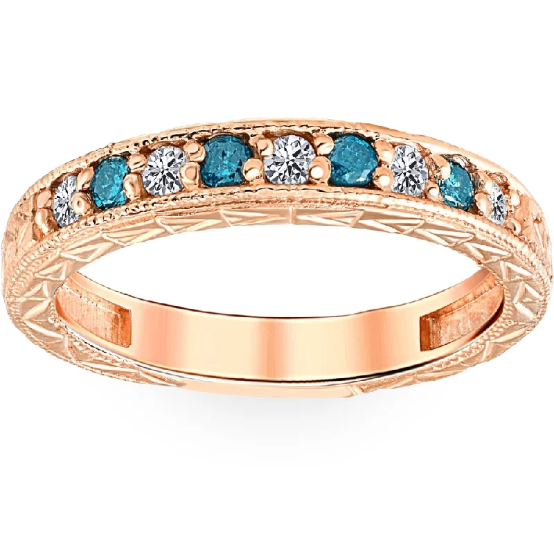 1/4CT Blue & White Diamond Vintage Wedding Anniversary Ring 14K Rose Gold