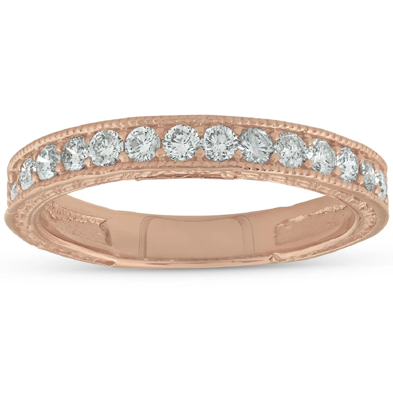 14k Rose Gold 1/3ct Diamond Vintage Wedding Ring Scroll Pattern Stackable Band