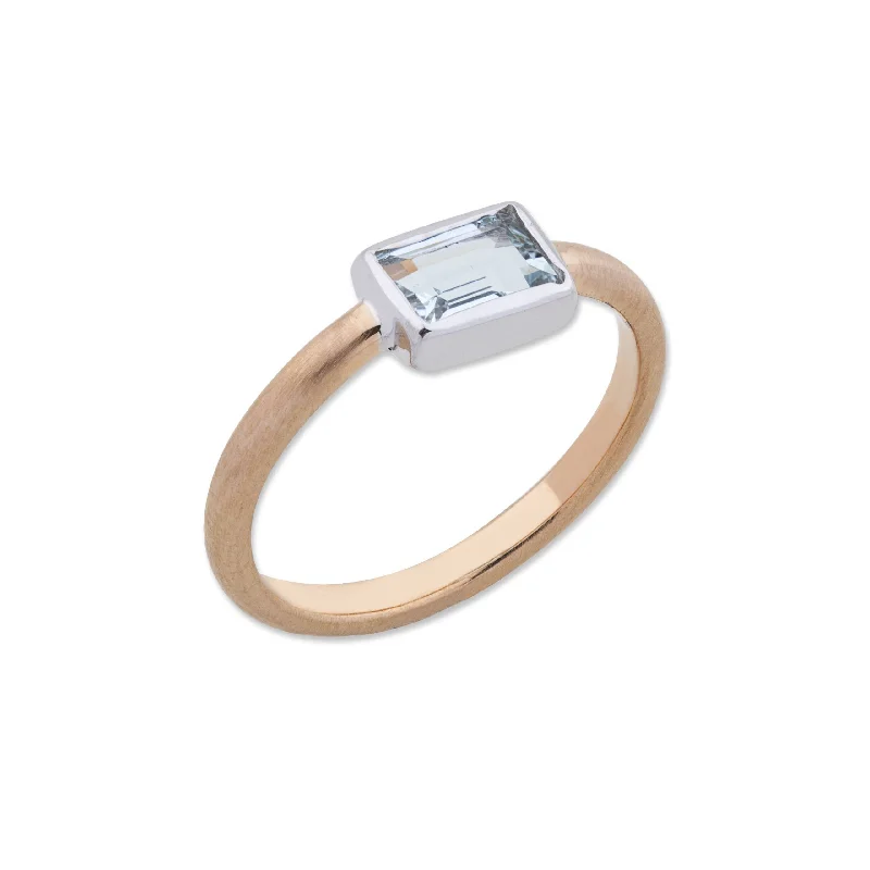 22K Rose Gold "Love" Stacking Ring With Baguette Cut Aquamarine Set in 18K White Gold