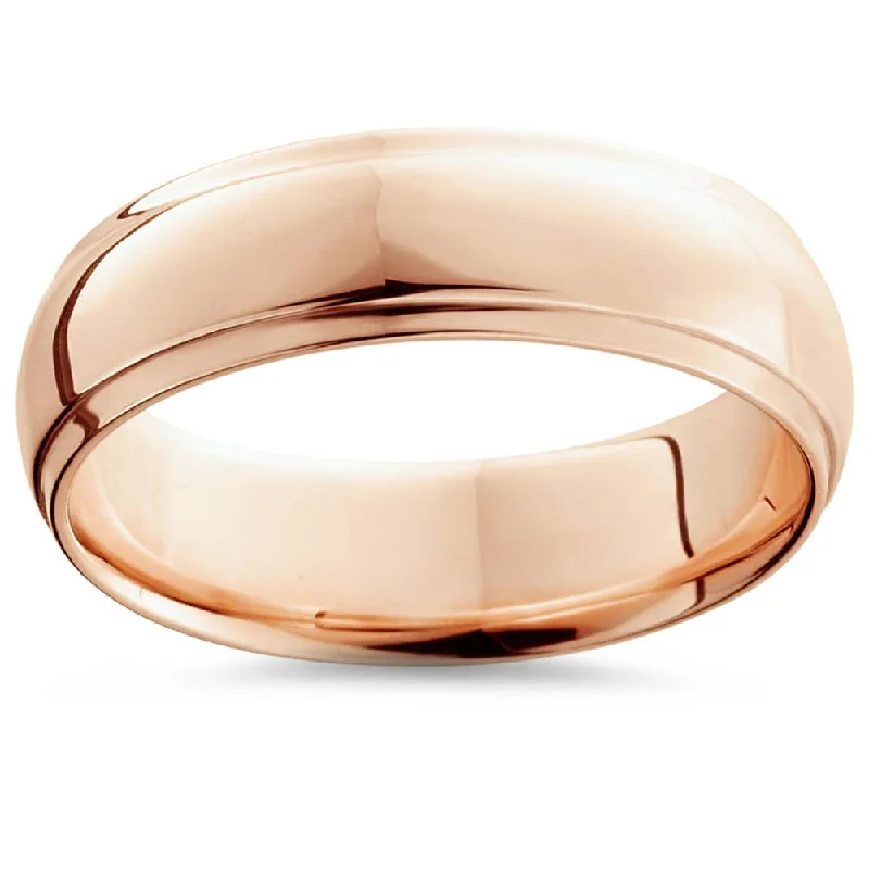 6mm High Polished 14K Rose Gold Step Cut Mens Dome Wedding Band