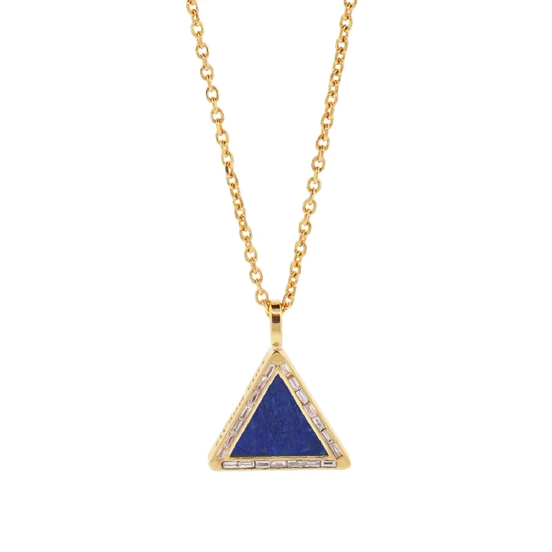 Lapis Triangle Pendant Necklace with Diamond Baguettes