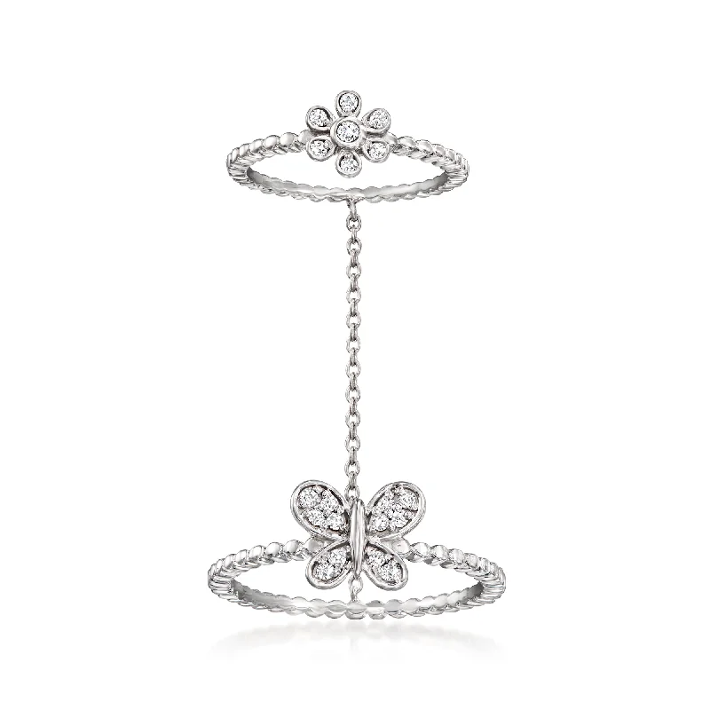 Ross-Simons Diamond Butterfly Double Ring in Sterling Silver