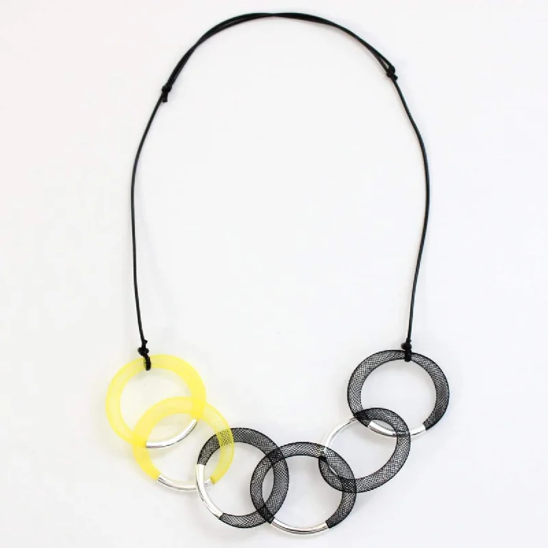 Yellow and Black Mesh Statement Necklace Silver