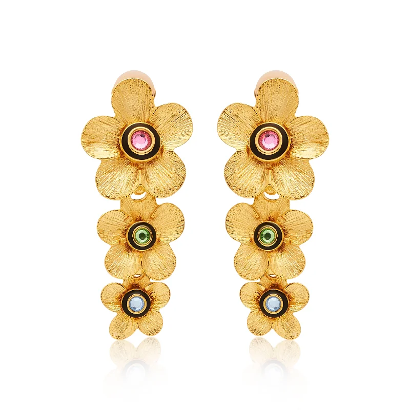 Gold Graduated Drop Flower Clip Earrings