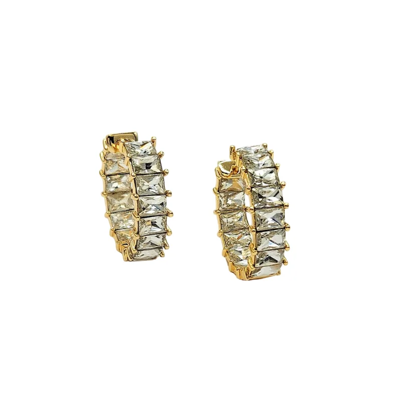 Gold With Crystal Baguette Hoop Pierced Earring