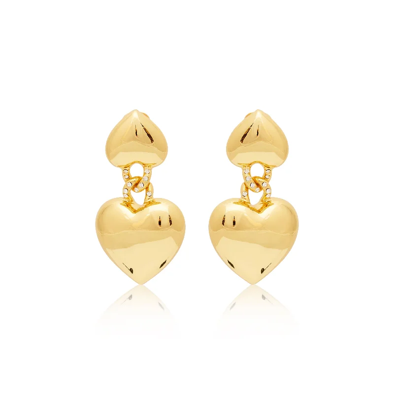 Gold & Rhinestone Heart Drop Clip Earrings