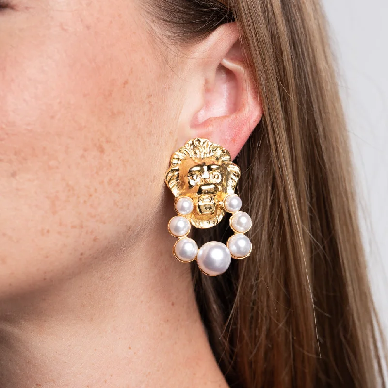 Lion Head and Pearl Doorknocker Clip Earrings