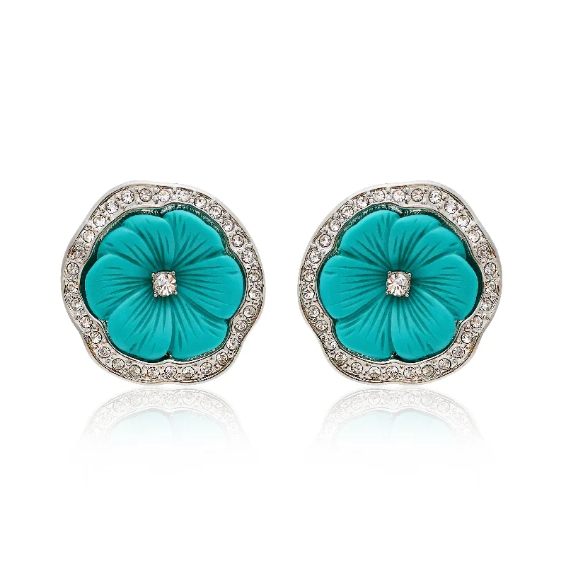 Rhodium & Turquoise Resin Pansy Clip Earrings