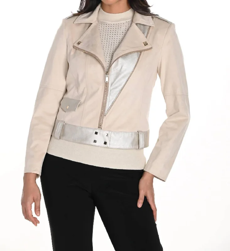 Faux Suede Moto Jacket In Beige