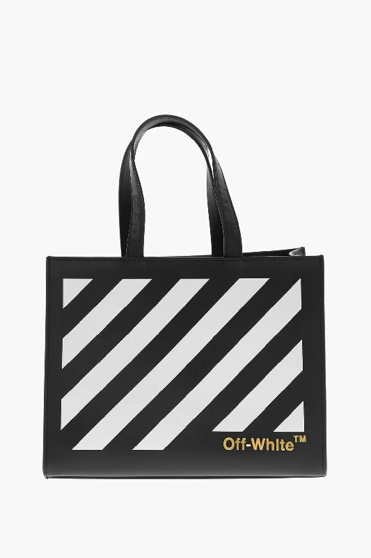 Off-White Leather Tote Bag With Diagonal Stripe Detailing