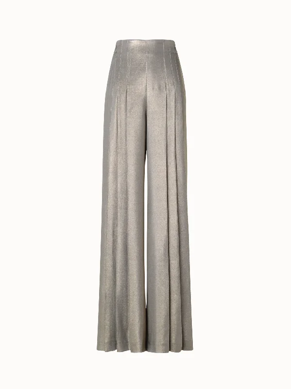 Wide Leg Silk Lurex Pants with Front Pleats