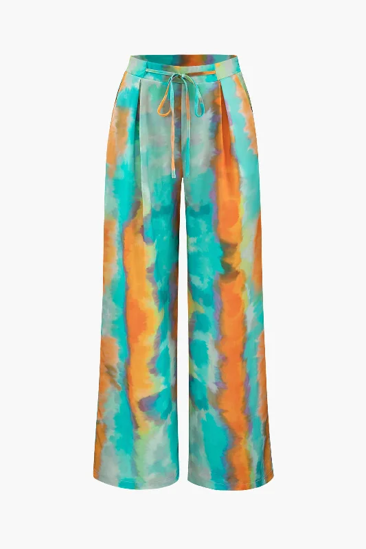 Abstract Print Satin Tie Waist Wide Leg Pants