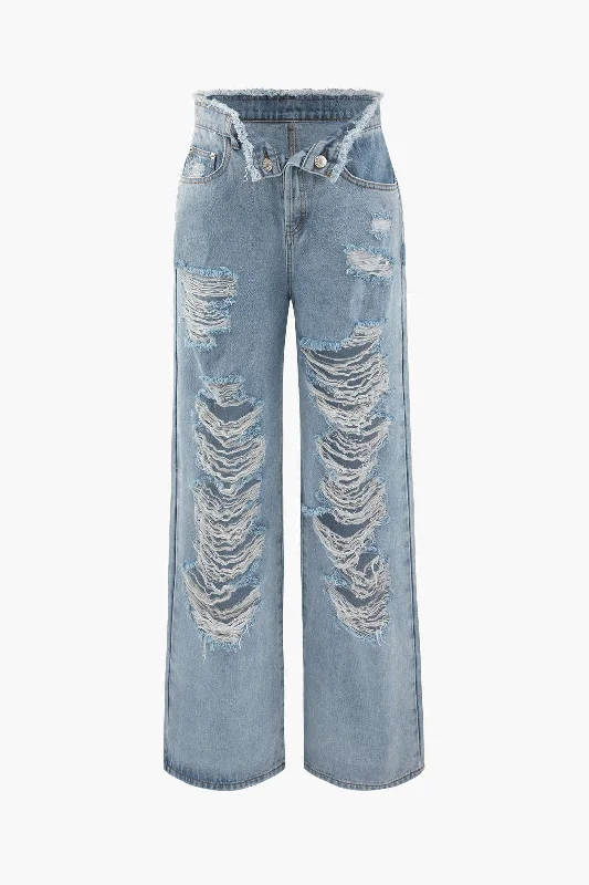 Frayed Destroyed Straight Leg Jeans