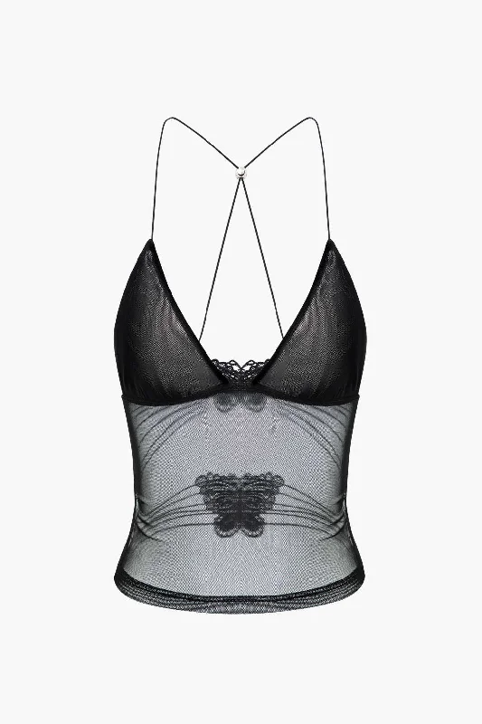 Butterfly Embroidery Sheer Mesh Cami Top